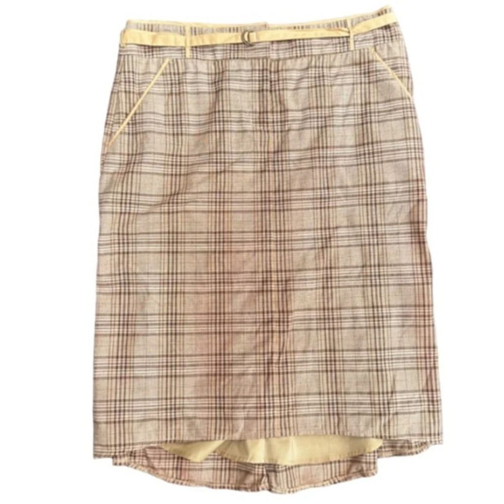 BCBG Max Azria Tan Plaid Hi Lo Skirt Size 2 Preppy Career Chic designer luxury